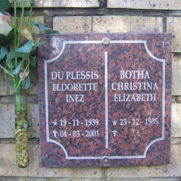 BOTHA Christina Elizabeth 1935- :: DU PLESSIS Eldorette Inez 1939-2001