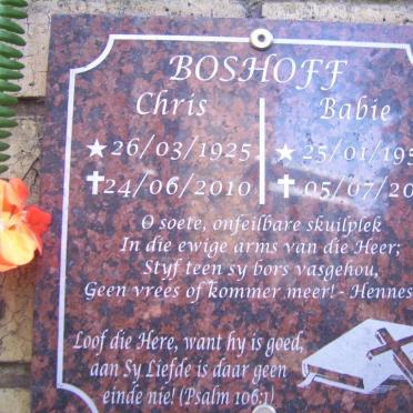 BOSHOFF Chris 1925-2010 :: BOSHOFF Babie 1953-2016