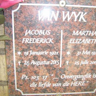WYK Jacobus Frederick, van 1921-2015 &amp; Martha Elizabeth 1923-2007