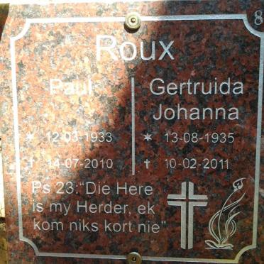 ROUX Paul 1933-2010 &amp; Gertruida Johanna 1935-2011