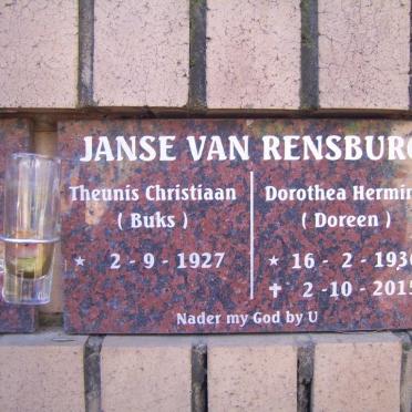 RENSBURG Theunis Christiaan, Janse van 1927- &amp; Dorothea Hermina 1936-2015