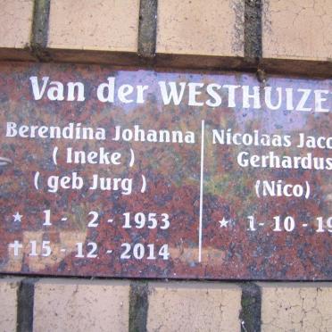 WESTHUIZEN Nicolaas Jacobus Gerhardus, van der 1951- &amp; Berendina Johanna JURG 1953-2014