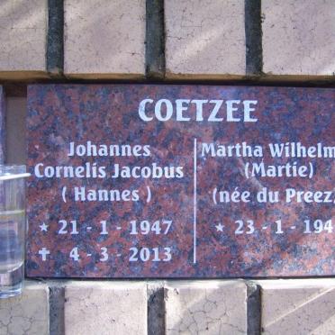 COETZEE Johannes Cornelis Jacobus 1947-2013 &amp; Martha Wilhelmina DU PREEZ 1946-
