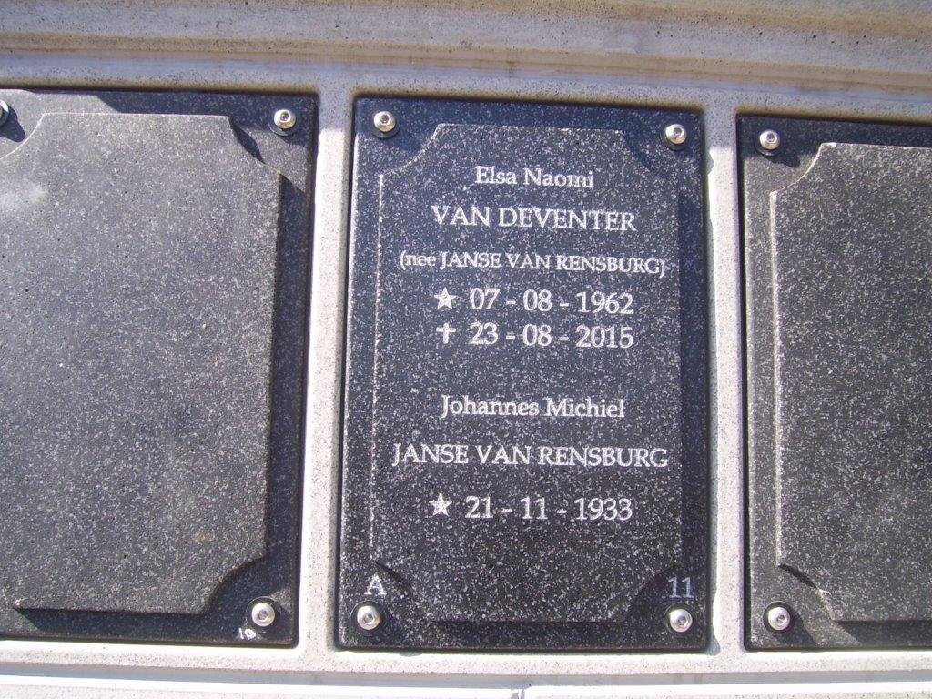 RENSBURG Johannes Michiel, Janse van 1933- :: VAN DEVENTER Elsa Naomi nee JANSE VAN RENSBURG 1962-2015