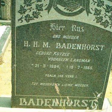 BADENHORST H.H.M. nee KOTZEE formerly LANDMAN 1884-1965