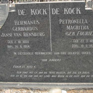 KOCK Hermanus Gerhardus Janse van Rensburg, de 1889-1954 &amp; Petronella Magritha FOURIE 1892-1973
