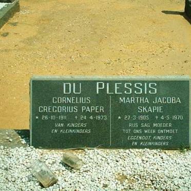 PLESSIS Cornelius Gregorius Paper, du 1911-1973 &amp; Martha Jacoba  1905-1970