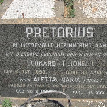 PRETORIUS Leonard 1898-1959 &amp; Aletta Maria  -1989