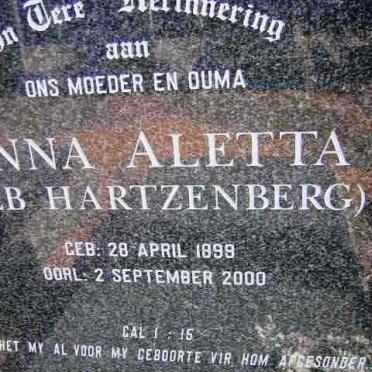 WET Anna Aletta, de nee HARTZENBERG 1899-2000