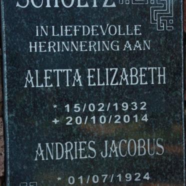 SCHOLTZ Andries Jacobus 1924- &amp; Aletta Elizabeth 1932-2014