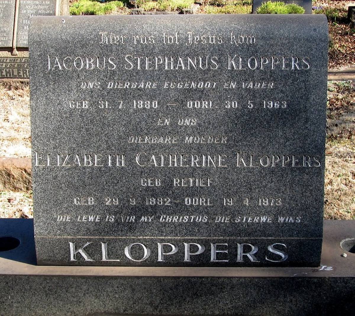 KLOPPERS Jacobus Stephanus 1880-1963 &amp; Elizabeth Catherine RETIEF 1892-1873 