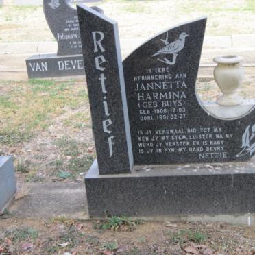 RETIEF Jannetta Harmina nee BUYS 1906-1991