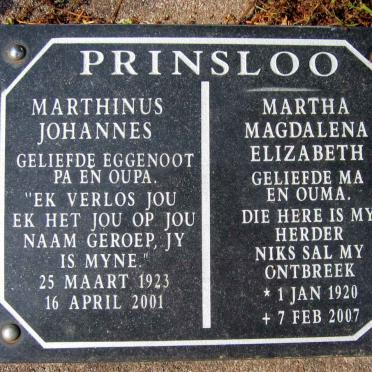 PRINSLOO Marthinus Johannes 1923-2001 &amp; Martha Magdalena Elizabeth 1920-2007