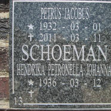 SCHOEMAN Petrus Jacobus 1932-2011 &amp; Hendrika Petronella Johanna 1936-