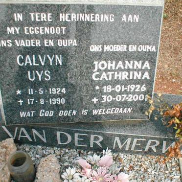MERWE Calvyn Uys, van der 1924-1990 &amp; Johanna Cathrina 1926-2001