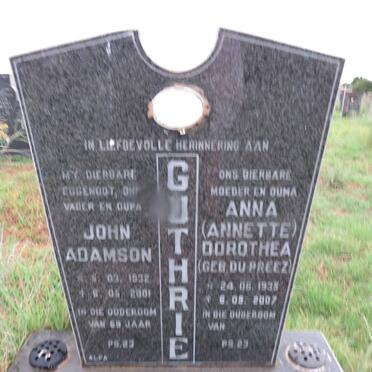 GUTHRIE John Adamson 1932-2001 & Anna Dorothea DU PREEZ 1933-2007