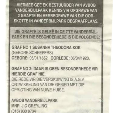 1.  Kennisgewing van skuif van grafte / Notice given for moving of graves