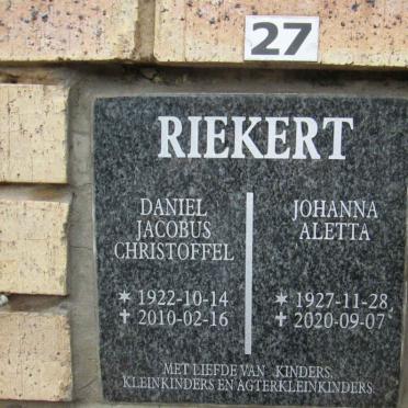 RIEKERT Daniel Jacobus Christoffel 1922-2010 &amp; Johanna Aletta 1927-2020