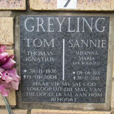 GREYLING Thomas Ignatius 1926-2004 &amp; Susanna Maria BLIGNAUT 1931-2012