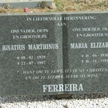 FERREIRA Ignatius Marthinus 1928-1997 &amp; Maria Elizabeth 1930-1991