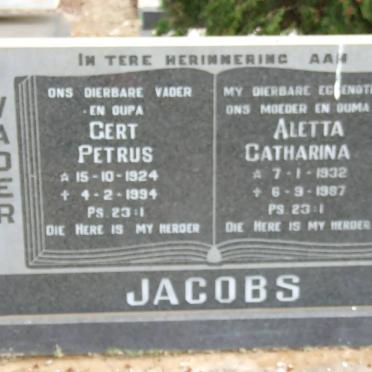 JACOBS Gert Petrus 1924-1994 &amp; Aletta Catharina 1932-1987