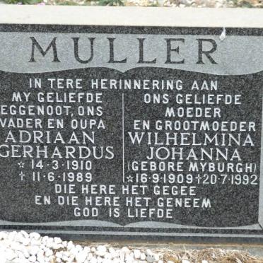 MULLER Adriaan Gerhardus 1910-1989 &amp; Wilhelmina Johanna MYBURGH 1909-1992