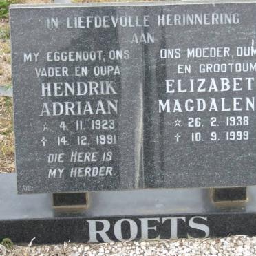 ROETS Hendrik Adriaan 1923-1991 &amp; Elizabeth Magdalena 1938-1999