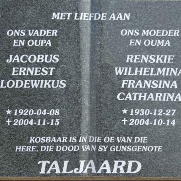 TALJAARD Jacobus Ernest Lodewikus 1920-2004 &amp; Renskie Wilhelmina Fransina Catharina 1930-2004