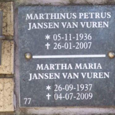 VUREN Marthinus Petrus, Jansen van 1936-2007 &amp; Martha Maria 1937-2009