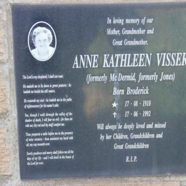 VISSER Anne Kathleen previously McDERMID and JONES nee BRODERICK 1910-1992
