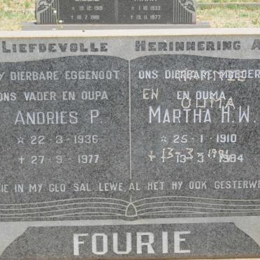 FOURIE Andries P. 1936-1977 &amp; Martha H.W. 1910-1984
