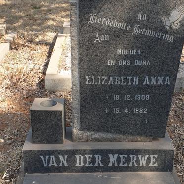 MERWE Elizabeth Anna, van der 1909-1982