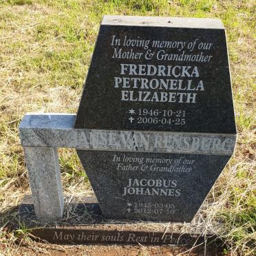 RENSBURG Jacobus Johannes, Janse van 1945-2012 &amp; Fredricka Petronella Elizabeth 1946-2006