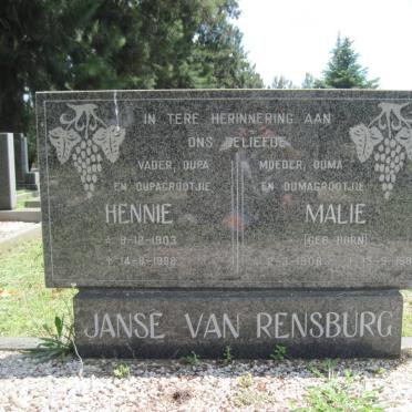 RENSBURG Hennie, Janse van 1903-1988 &amp; Malie HORN 1908-1988
