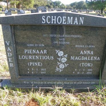 SCHOEMAN Pienaar Lourentious 1922-2007 &amp; Anna Magdalena 1929-2006