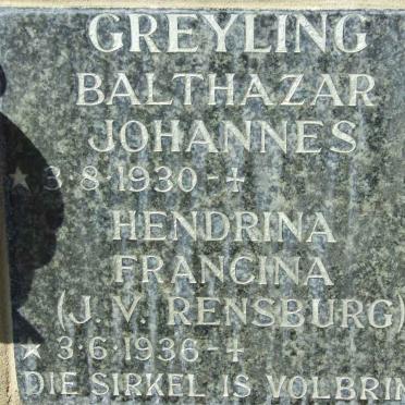 GREYLING Balthazar Johannes 1930-  &amp; Hendrina Francina J.V. RENSBURG 1936-
