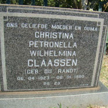 CLAASSEN Christina Petronella Wilhelmina nee DU RANDT 1923-1980