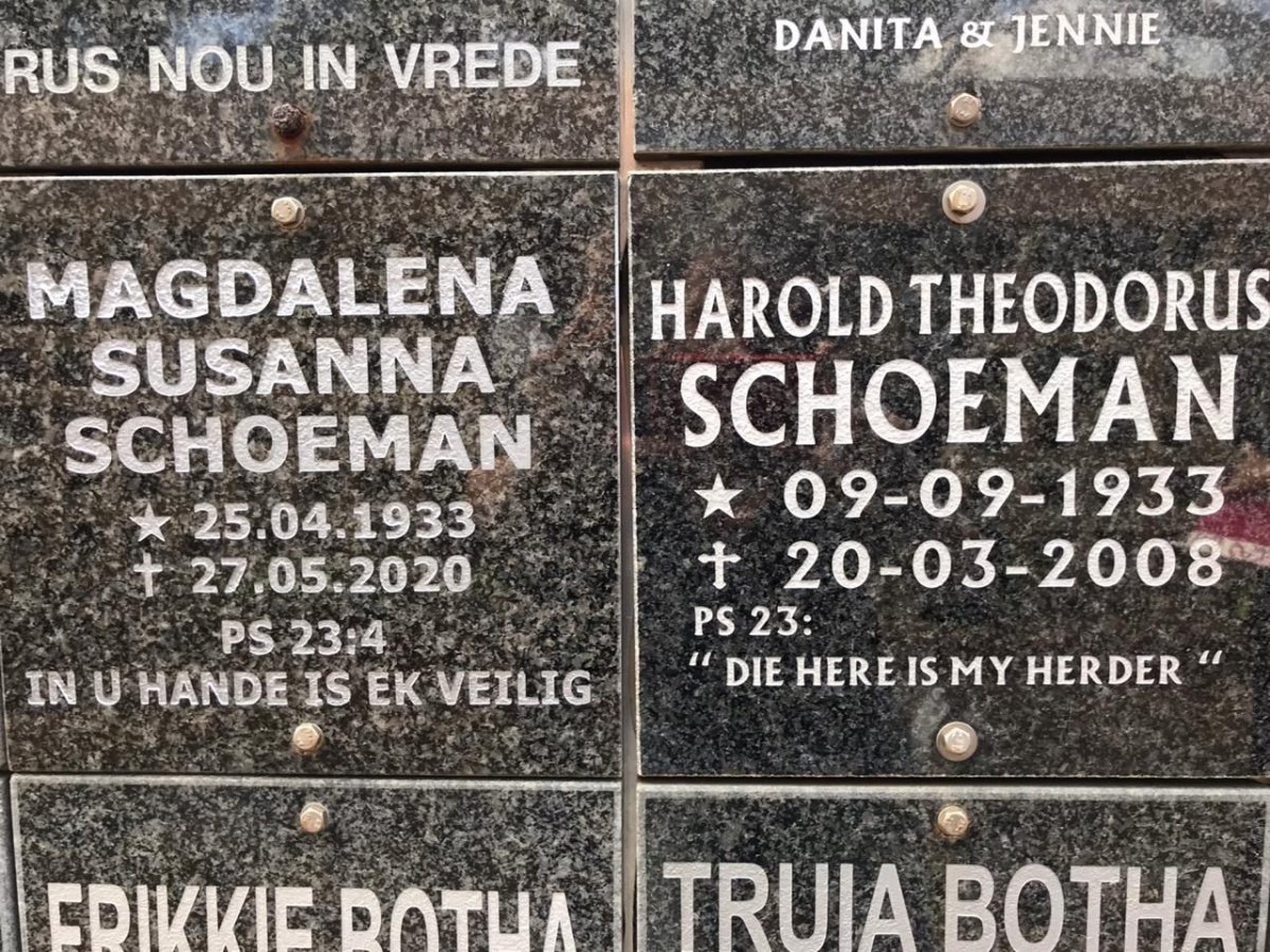 SCHOEMAN Harold Theodorus 1933-2008 &amp; Magdalena Susanna 1933-2020