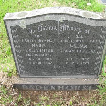 BADENHORST William Abram De Klerk 1907-1970 &amp; Marie Julia Lilian MORILLION 1904-1967