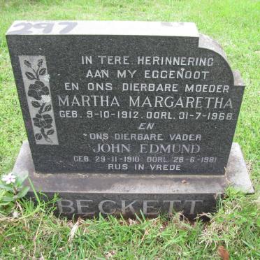 BECKETT John Edmund 1910-1981 &amp; Martha Margaretha 1912-1968