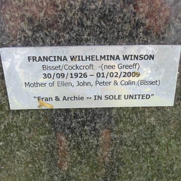 WINSON Francina Wilhelmina formerly BISSET formerly COCKROFT nee GREEFF 1926-2009