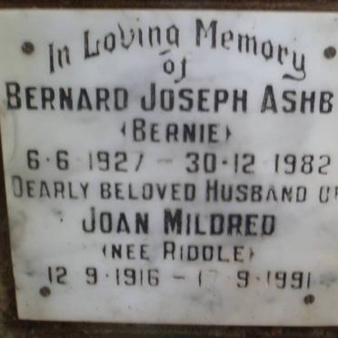 ASHBY Bernard Joseph 1927-1982 &amp; Joan Mildred RIDDLE 1916-1991