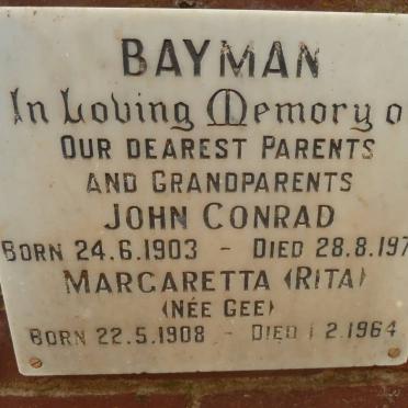 BAYMAN John Conrad 1903-1973 &amp; Margaretta GEE 1908-1964