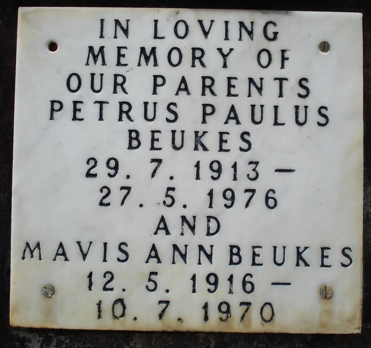 BEUKES Petrus Paulus 1913-1976 &amp; Mavis Ann 1916-1970