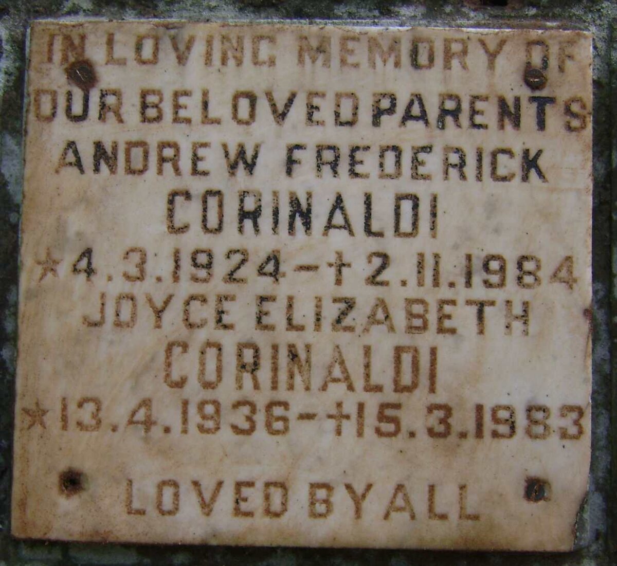 CORINALDI Andrew Frederick 1924-1984 &amp; Joyce Elizabeth 1936-1983