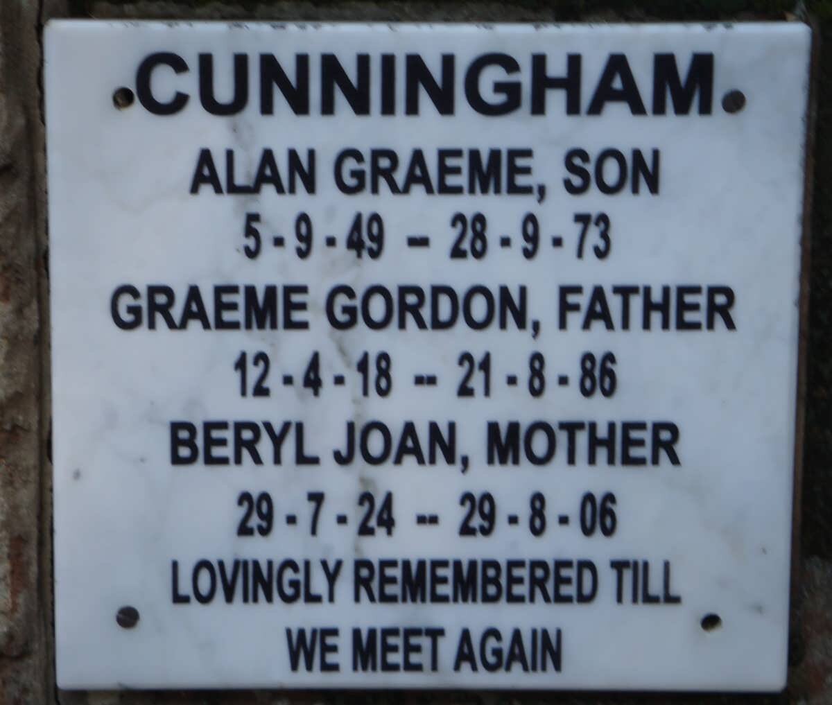 CUNNINGHAM Graeme Gordon 1918-1986 &amp; Beryl Joan 1924-2006 :: CUNNINGHAM Alan Graeme 1949-1973