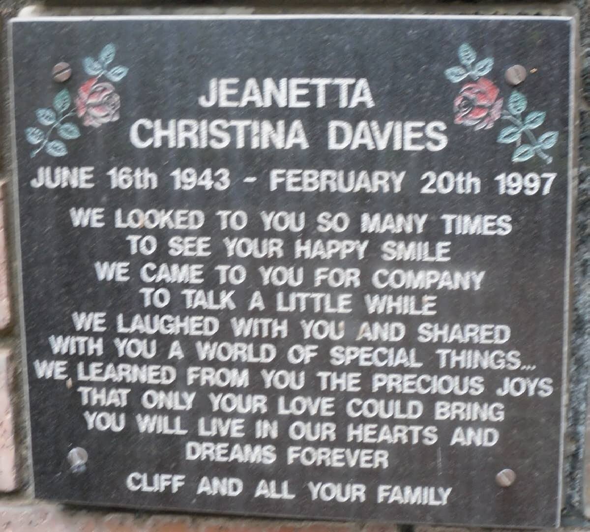 DAVIES Jeanetta Christina 1943-1997