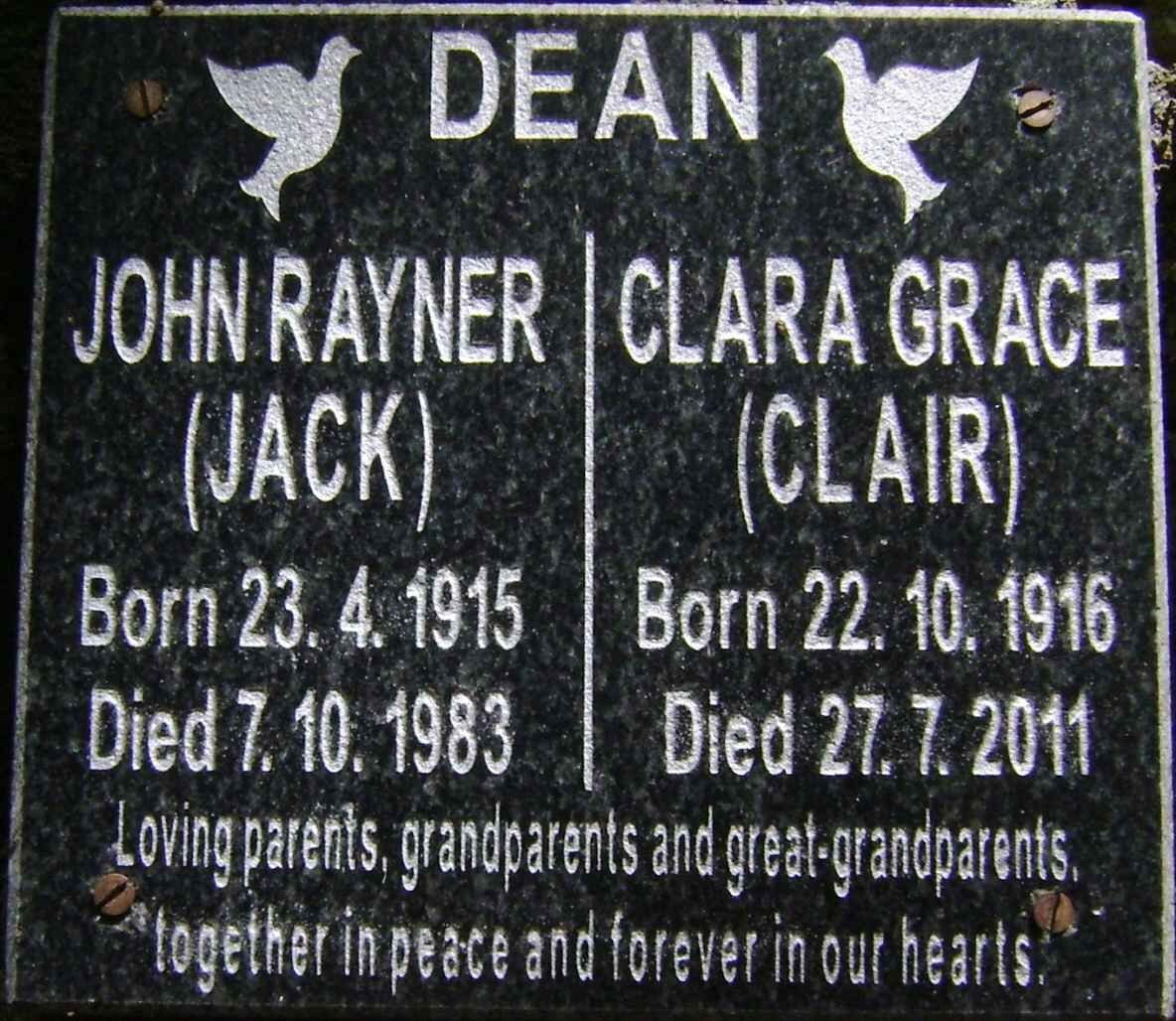 DEAN John Rayner 1915-1983 &amp; Clara Grace 1916-2011