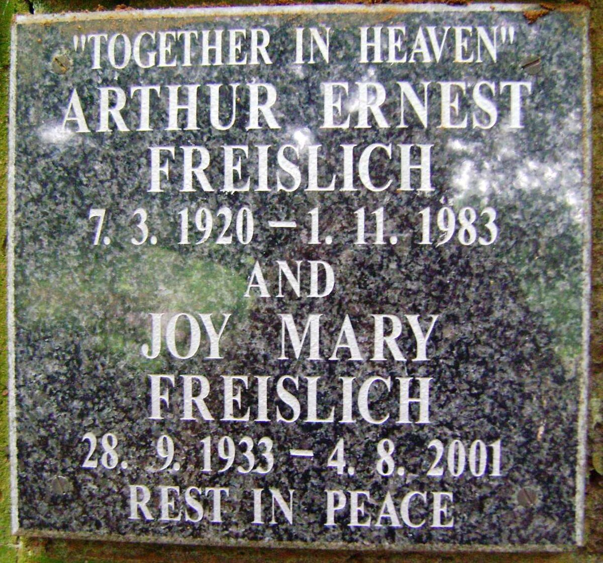 FREISLICH Arthur Ernest 1920-1983 &amp; Joy Mary 1933-2001