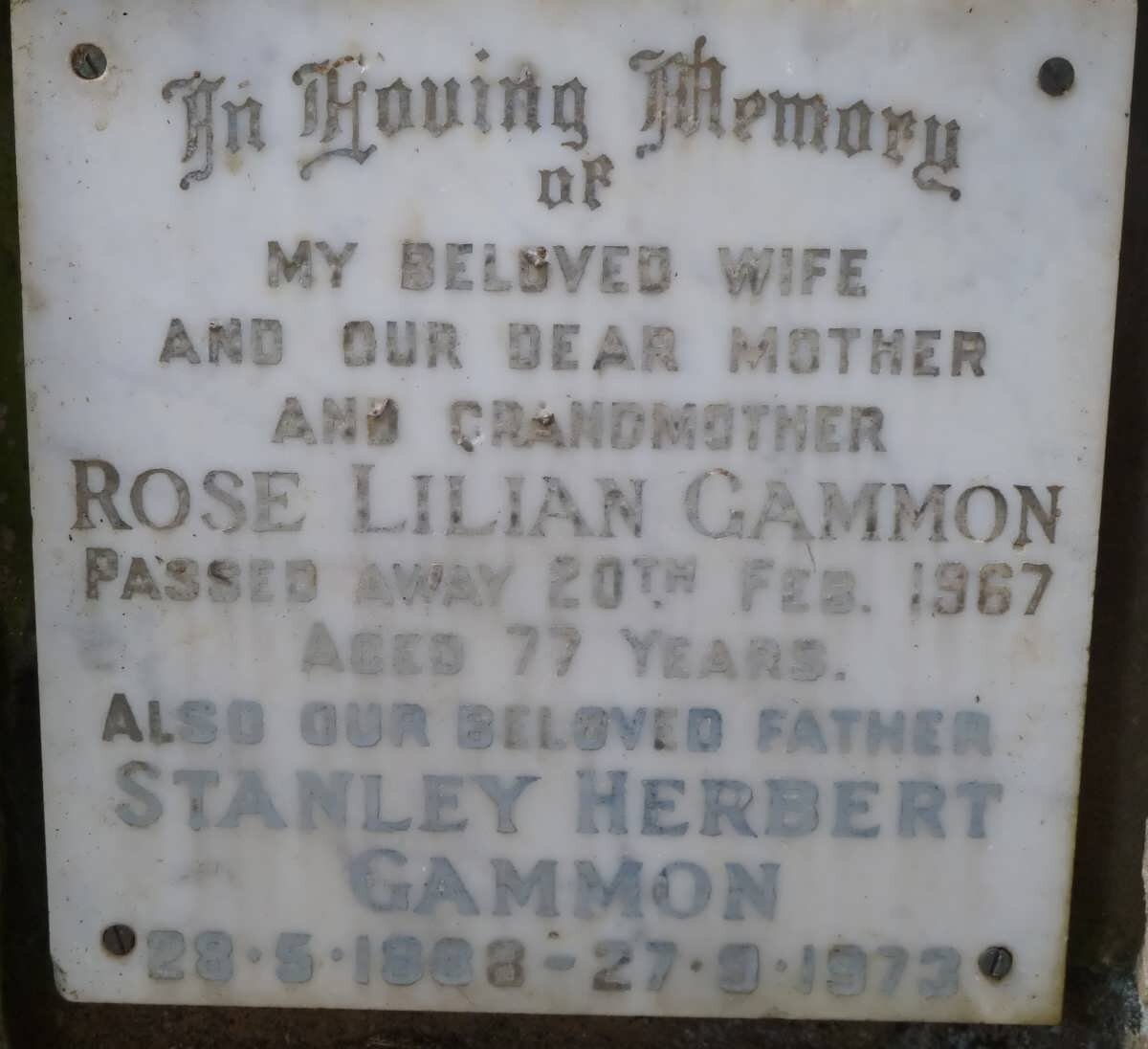 GAMMON Stanley Herbert 1888-1973 &amp; Rose Lilian -1967
